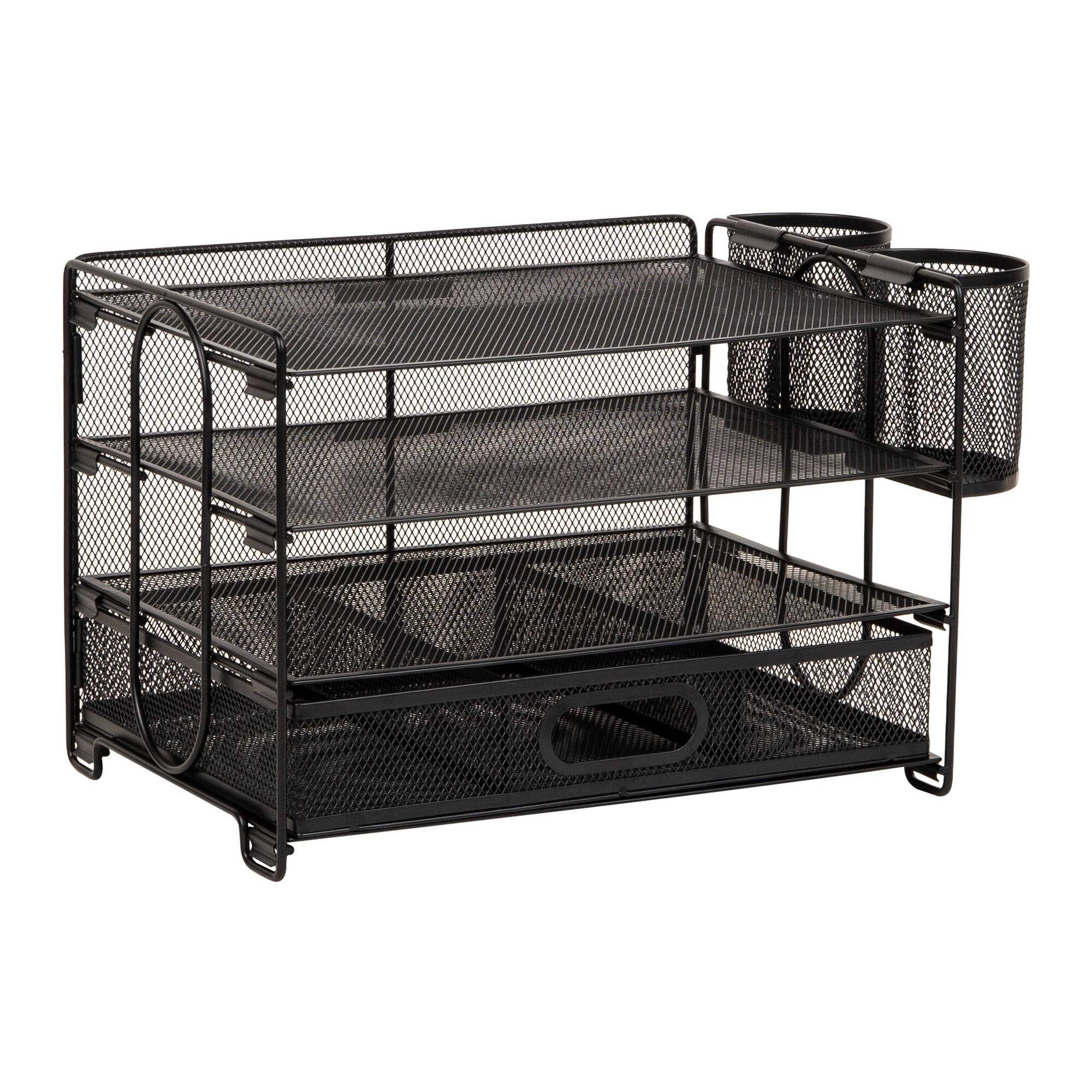Mind Reader Mesh Desk Organizer, 3 Trays, 1 Drawer, 2 Pen Holders, Office Desktop Organizer, Metal Mesh